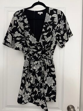 Lucca Black Floral Wrap Romper with Belt Large